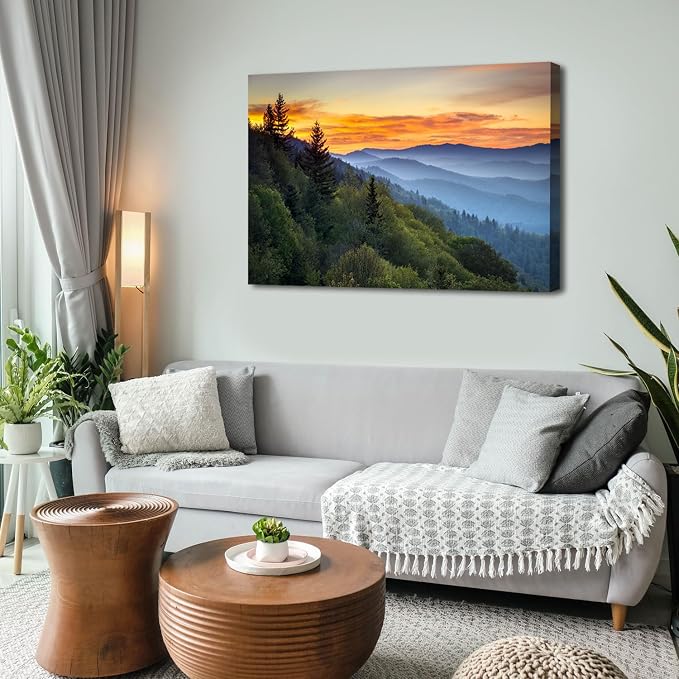 Large Nature Wall Art Great Smoky Mountains Canvas Pictures for Bedroom National Park Foggy Forest Wood Framed Painting Sunrise Photo Artwork Misty Landscape Living Room Dinner Home Decorations 32x48