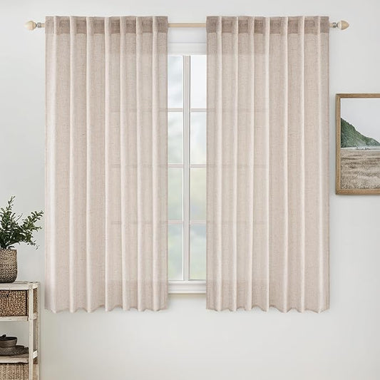 MIULEE Natural White Linen Curtains 54 Inch Length 2 Panels for Bedroom Living Room, Soft Thick Linen Textured Short Window Drapes Semi Sheer Light Filtering Back Tab Rod Pocket Burlap Look Decor