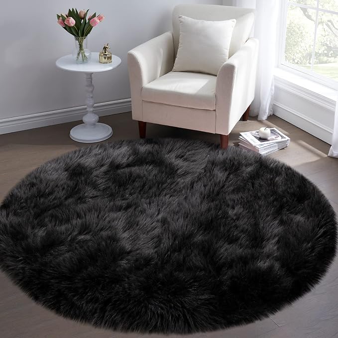 Faux Fur Rug for Bedroom, Black Fluffy Round Rug for Kids Room, Small Furry Circle Rugs 3X3, Soft Shag Circular Rug for Nursery, Fuzzy Plush Floor Carpet, Cute Indoor Decor for Gilrs Teen's Dorm