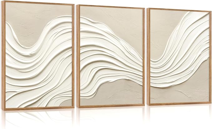 CHDITB 3D Textured Relief Sculpture Framed Canvas Wall Art Set, Neutral Earth Tone Abstract Wave Minimalist Texture Art Prints, Modern Wall Decor for Living Room Hallway Bedroom Home Decor 24"x36"x3