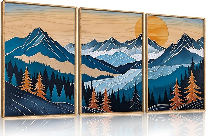 Boho Vintage Mountain Framed Canvas Wall Art Set,Blue Abstract Ridge Wall Decor,Woodcut Pine Tree Landscape Wall Painting, Sunrise Forest Art Print for Living Room,Bedroom,Office - 24"X36"X3