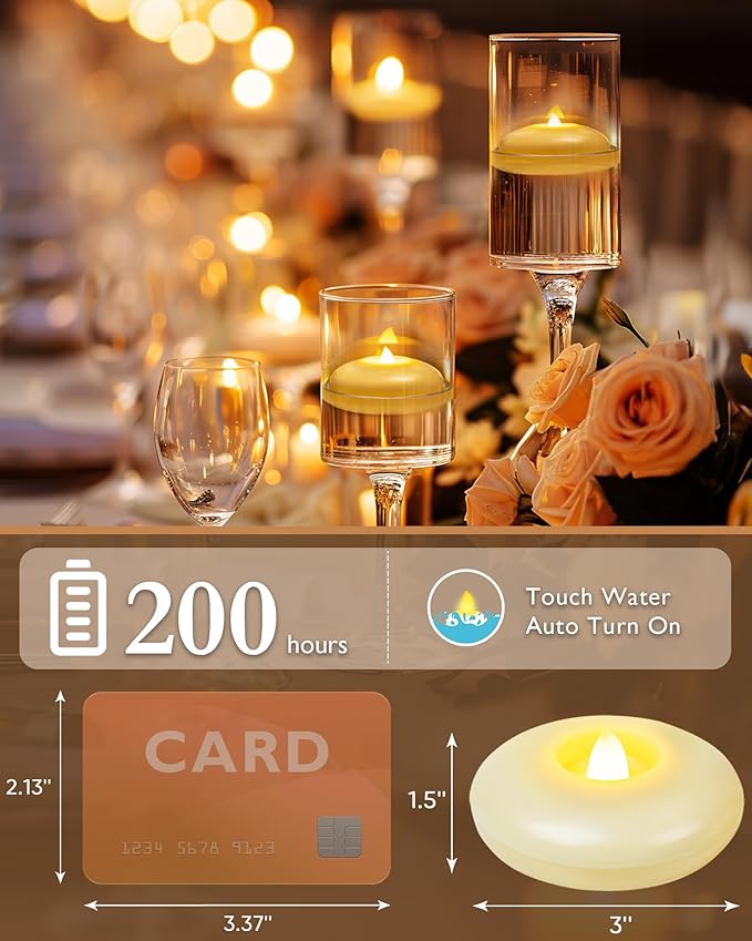 Homemory 24 Pack 3” Flameless Led Floating Candles, 200 Hour Battery Operated Flickering Waterproof Tealights for Cylinder Vases, Centerpieces at Wedding, Party, Pool, Holiday (Ivory Base)
