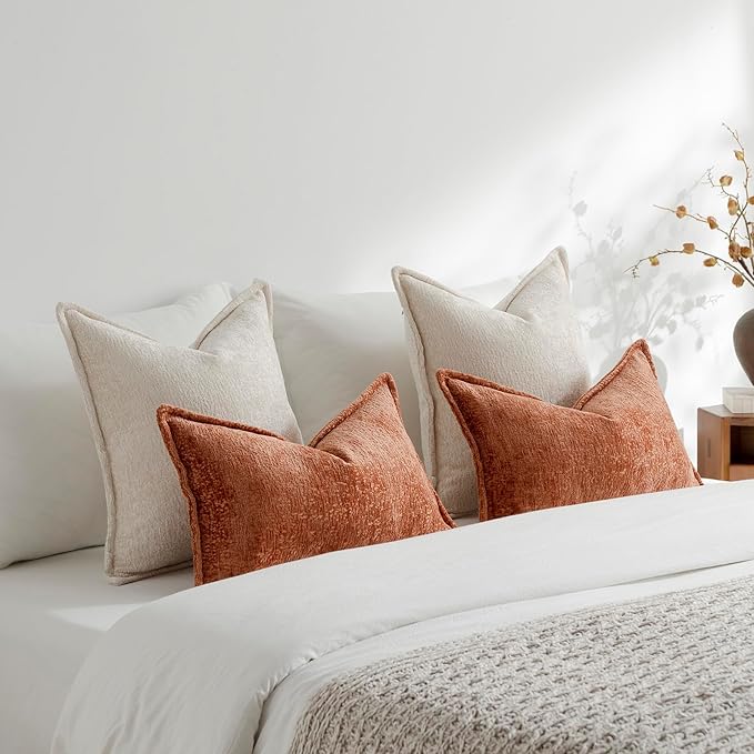 DEZENE Pack of 2 Burnt Orange Fall Decorative Throw Pillow Covers 12x20 Cozy Soft Chenille Accent Vintage Rectangular Lumbar Couch Pillow Covers for Home Decor Bed Sofa Living Room