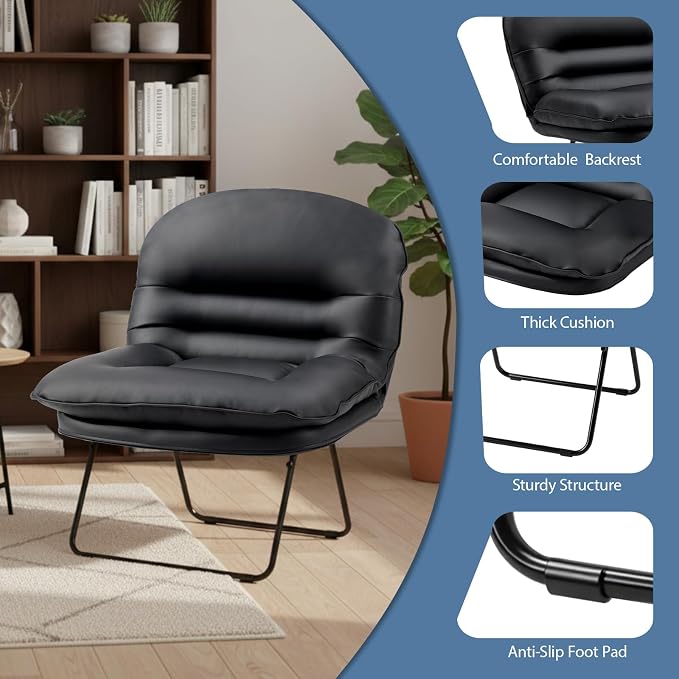 DUMOS Comfy Saucer Chair,PU Leather Foldable Chairs for Bedroom, Dorm & Gaming, Foldable Fashion Floor Chair with Back Support for Small Spaces, New Black