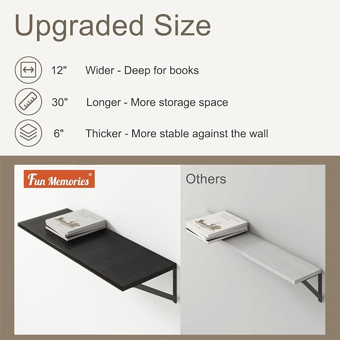 12 Inch Deep Floating Shelves, 30W x 12D Wall Shelves with Brackets, Black Floating Shelves 30 Inch Long, Rustic Wood Wall Shelf, Wide Storage Display Shelf for Kitchek, Living Room, Bathroom