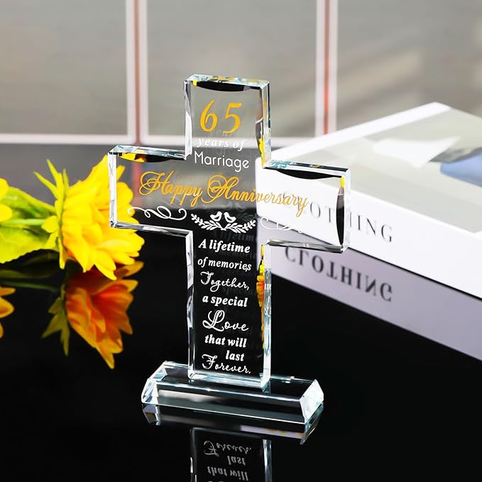 YWHL 65th Wedding Anniversary Cross Gifts for Parents Grandparents, 65th Anniversary Party Decoration, 65 Years of Marriage Glass Cross Keepsake for Couple