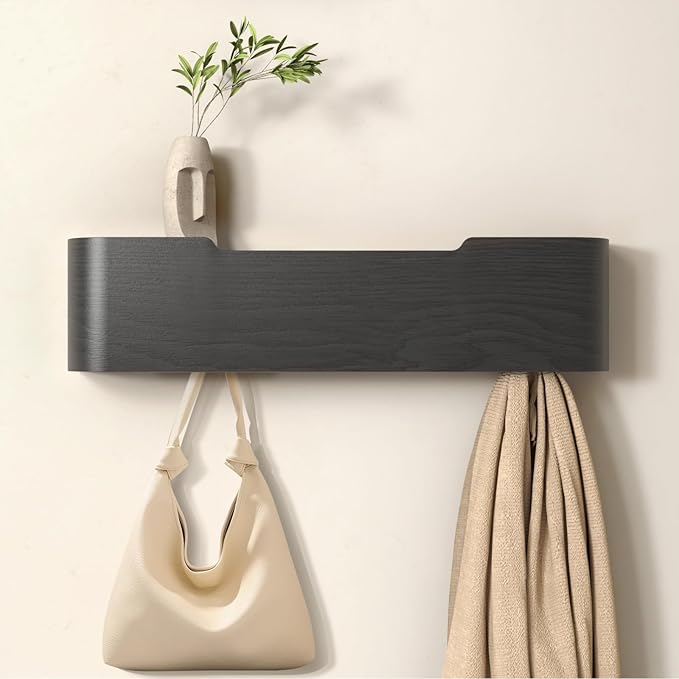 Wall Mounted Coat Rack with Shelf, Wooden Entryway Organizer with Hidden Metal Hooks for Hanging Coats Bags Keys, Modern Floating Shelf for Hallway Bathroom