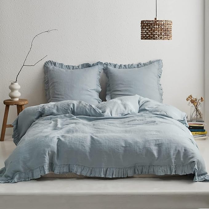 Simple&Opulence 100% Linen Euro Sham Covers with Ruffle, 26x26 Inch Pillow Covers Set of 2, Euro Pillow Shams for Bed Couch French Home Decor Luxury and Breathable Square Pillow Cases, Dusty Blue