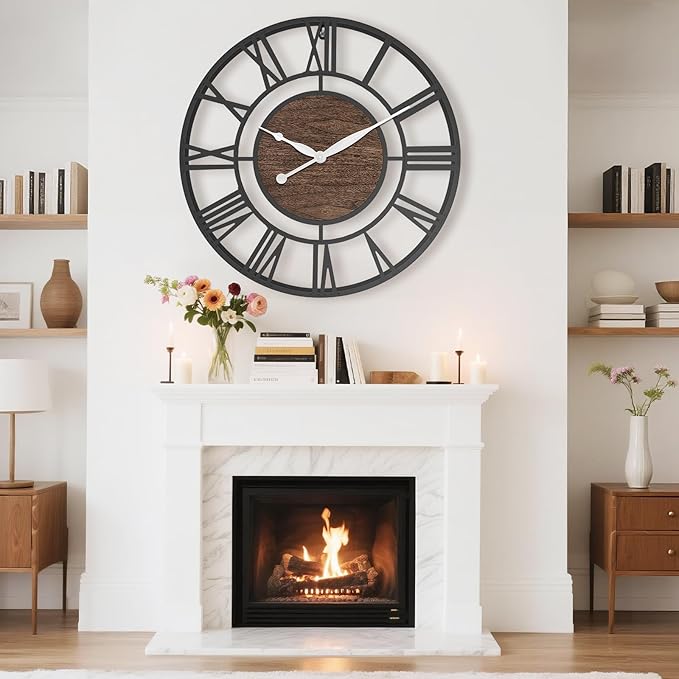 Pytha Sight 30 Inch Extra Large Giant Wall Clock,Oversized Round Silent Vintage Industrial Black Metal Farmhouse Big Roman Numeral Wall Clocks for Living Room,Kitchen,Bedroom Home Decor