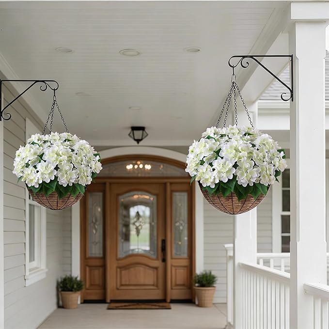 FOTEEWL 16 Bundles Artificial Hydrangea Flowers for Outdoor Decor, Realistic Faux Silk Bouquets Sun-Resistant Fake Plants for Front Door Balcony Farmhouse Garden Home Spring Summer Decor (White)