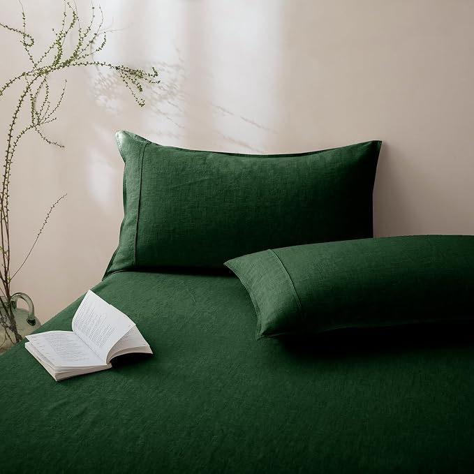 Talasily 100% French Linen Pillow Case Standard Size Set of 2,Oeko-TEX Certified Stone Washed Flax Pillow Shams with Envelope Closure - Breathable & Cooling for Hot Sleepers（Forest Green,20''x26''）