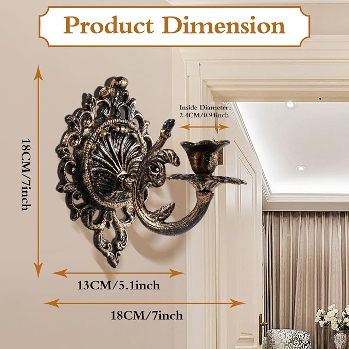 Polifish Antique Gold Wall Candle Holder Set of 2, Vintage Taper Candle Wall Sconce, Cast Iron Candlestick Holders Decor for Living Room, Fireplace and Yard Channel