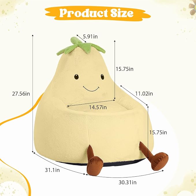 2.5FT Memory Foam Bean Bag Chair - Ultra Soft Faux Rabbit Fur Sofa with Handle & Machine Washable Cover, Comfy Lazy Chair for Kids Teens, Perfect for Reading Gaming in Living Room Bedroom，Yellow