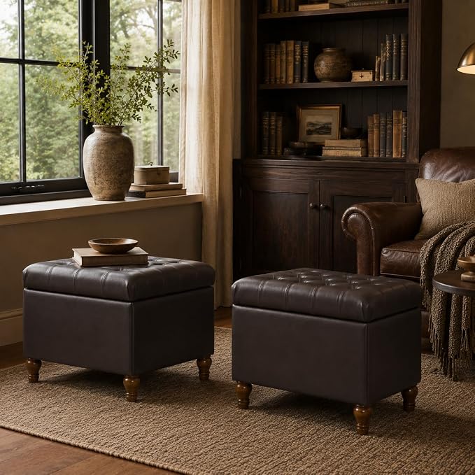 Spatial Order 24" Medium Tufted Storage Ottoman - Espresso Brown Faux Leather