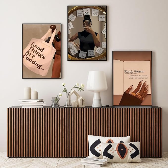 Black Girl Wall Art African American Woman Canvas Wall Decor Black Female Wall Art Fashion Women Poster Feminine Boho Pictures Abstract Paintings for Bedroom Bathroom 12x16 Inch Unframed Set of 3