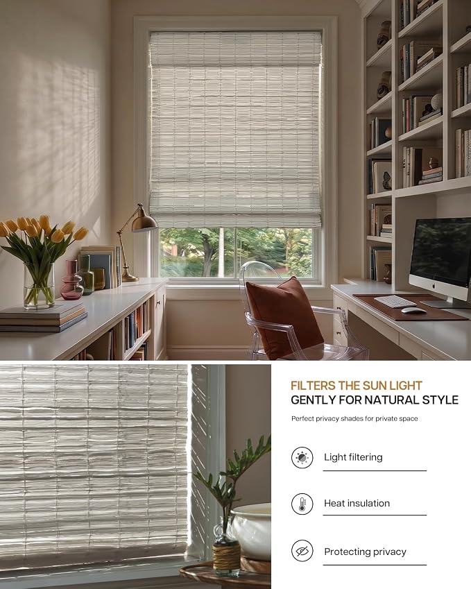 LazBlinds No Drill Cordless Roman Shades for Windows, Light Filtering Privacy Protection Thermal Insulation UV Blocking Natural Panama Weave Fabric Blinds for Windows, 21" W x 64" H, White