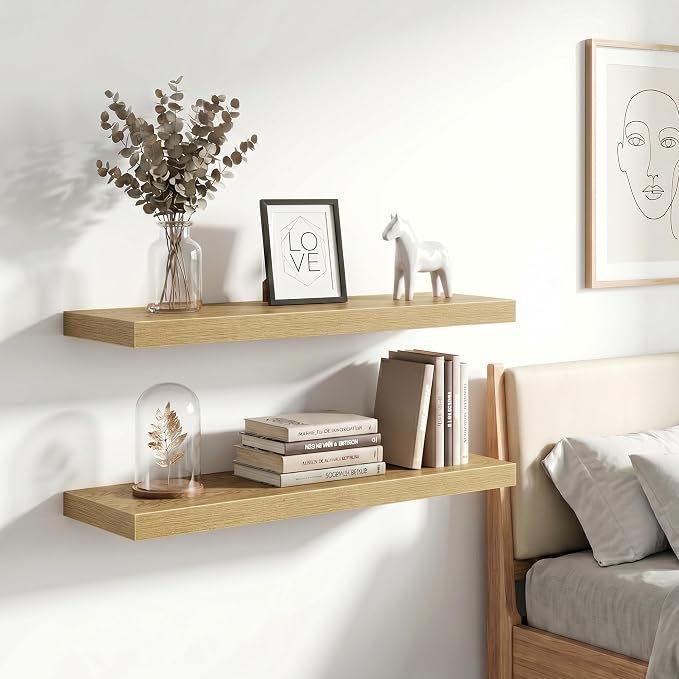 Vivelove 24 Inch Floating Shelves Wall Mounted for Display, 6.5 Deep Duty Shelves with Invisible Brackets for Living Room,Bedroom,Kitchen, Bathroom Storage & Decor,24" Wx6.5 Dx1.4 H - Oak