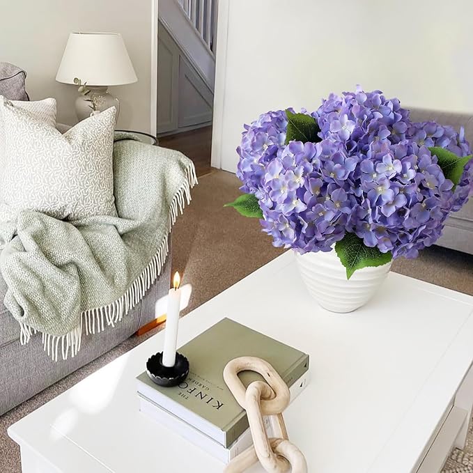 JINWOE 5Pcs Puple Artificial Silk Hydrangea Flowers, 20Inch Large Lifelike Faux Hydrangea with Stems Bouquet for Home Table Centerpieces Wedding Baby Shower Garden Party Decoration