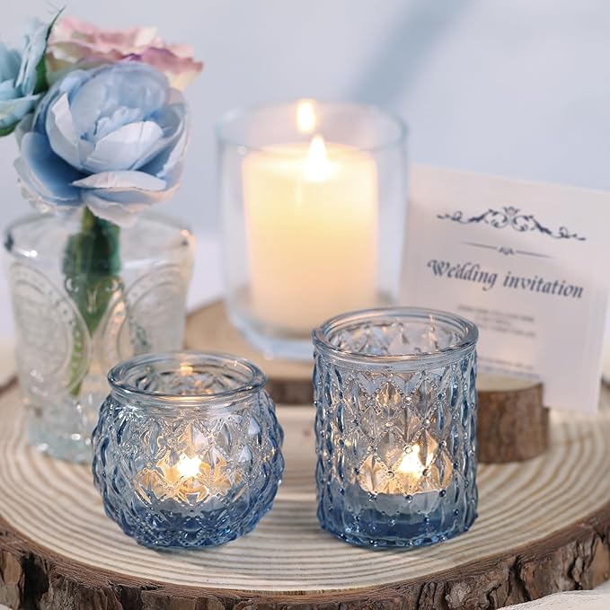 DARJEN Blue Votive Candle Holders Set of 24- Round Candle Holders Bulk, Glass Candle Holder for Vintage Decoration, Tea Lights Candle Holders for Wedding Shower, Party & Gift