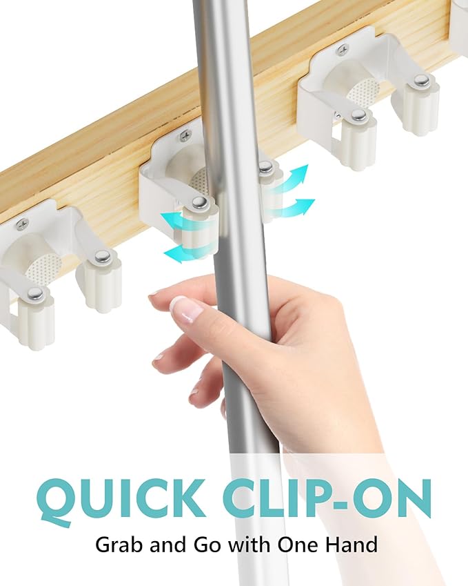 Mop and Broom Holder Wall Mount, No Drill Over the Door Broom and Mop Holder with 4 Slots and 4 Hooks, Wood Tool Hanger for Laundry, Cabinet, Kitchen, Garage