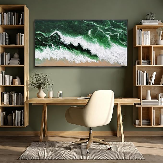 Large Framed Canvas Print Wall Art Abstract Green Wave Nature White Textured Modern Minimalist Art Canvas Wall Decor Living Room 24"x48"