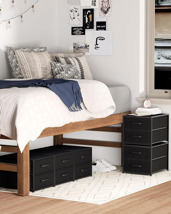 Homsorout Stackable Storage Drawers - 2 Tier Closet Drawers, Closet Organizer with Metal Handles, Night Stand with Collapsible Bins, Fabric Dresser for Bedroom, Dorm, Office, Black, 1 Pack