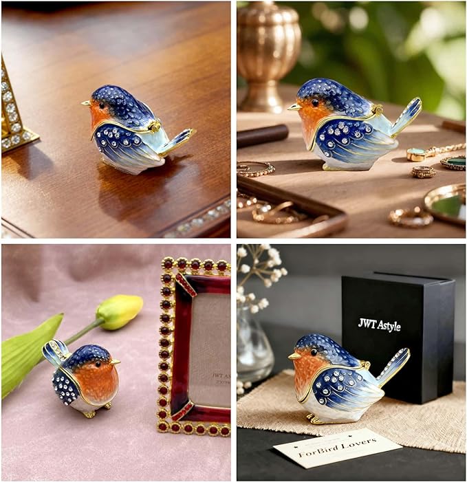 Robin Bird Jewelry Trinket Boxes Hinged Ring Box.Collectible Bird Figurines Home Decor Gifts for Women.Necklace Rings Earrings Organizer.