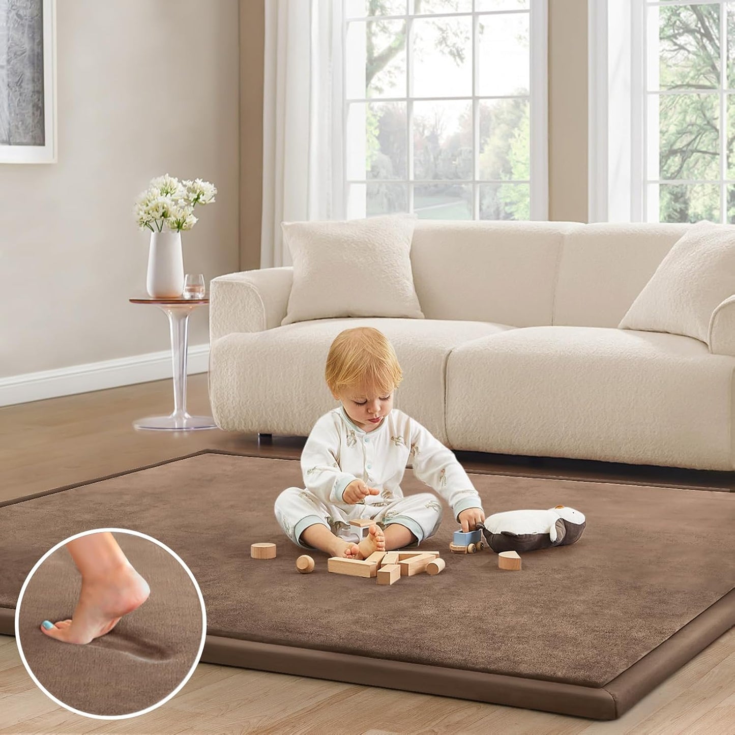 Baby Play Mat for Floor Tummy Time Mat Nursery Rug Muscle Mat Area Rug Playroom Rug Tatami Mat 6'7"x6'7" Memory Foam 1.3" Thick Crawling Mat for Babies,Toddlers, Infants, Kids,Floor Mat,Coffee