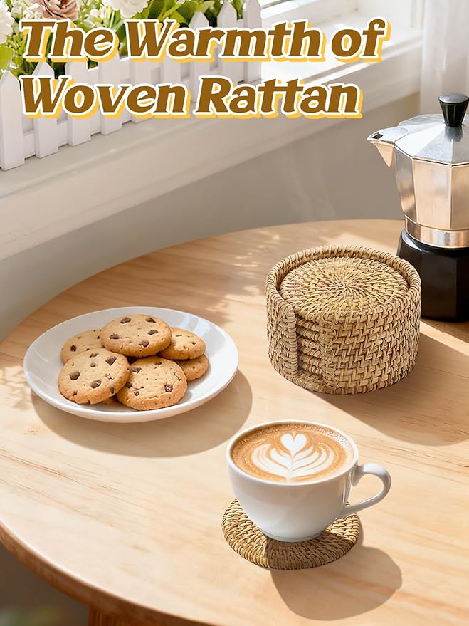8pcs Natural Handmade Rattan Coasters with Holder - Wicker Drink Coasters Set for Protecting Table, Housewarming Gifts Boho Fall Home Coastal Decor