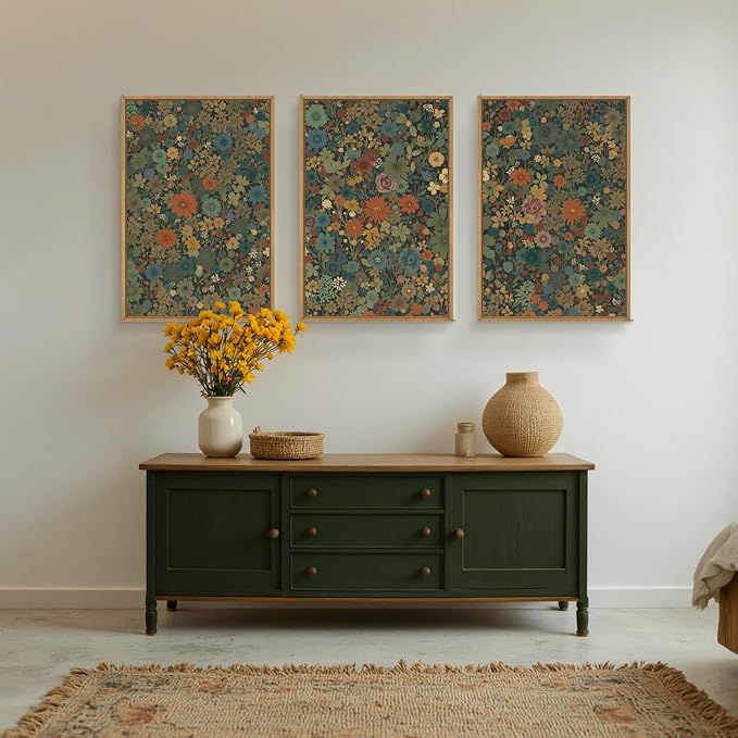 DRACIT Large Vintage Boho Floral Framed Canvas Wall Art Set,Antique Colorful Botanical Flower Wall Decor,Retro Nature Blossom Wildflowers Art Print for Living Room,Bedroom, Office-24”×36”×3