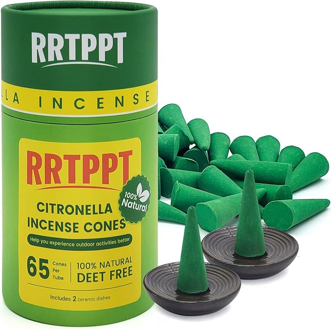 Citronella Incense Cones with 2 Ceramic Dishes | Made with Plant-Based Ingredients | Citronella | Lemongrass Oil | Rosemary Oil | Suitable for Indoor and Outdoor Use (65 Cones)