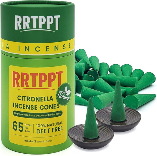 Citronella Incense Cones with 2 Ceramic Dishes | Made with Plant-Based Ingredients | Citronella | Lemongrass Oil | Rosemary Oil | Suitable for Indoor and Outdoor Use (65 Cones)
