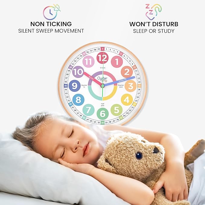 Oyster&Pop Pastel Kids Learning Clock – Award-Winning 10" Silent Non-Ticking Analog Wall Clock for Classroom & Kids Bedroom – Cute Colorful Decor & Educational Tool – Includes Teaching Time E-Book