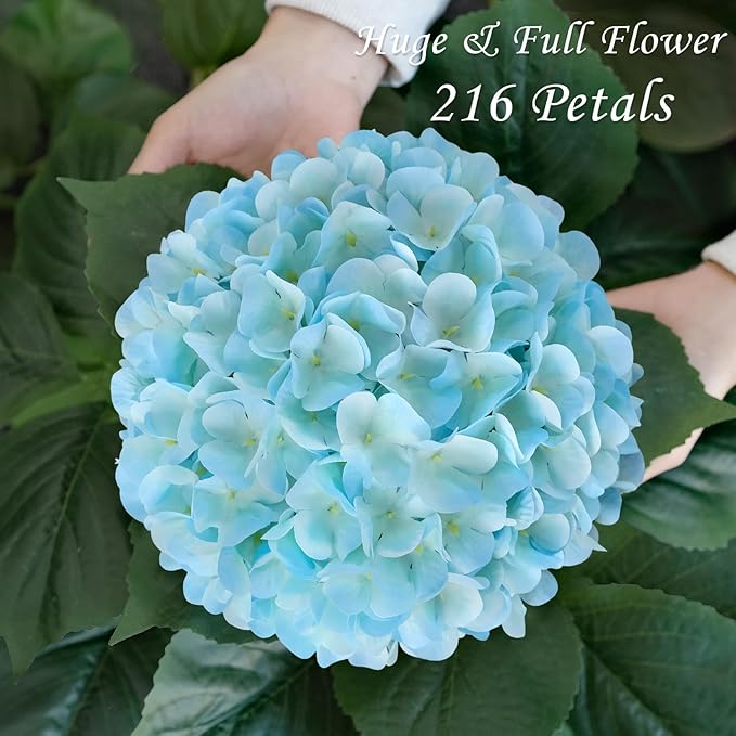 JINWOE Lake Blue Faux Hydrangea Flowers, 4Pcs 22" Large Lifelike Silk Artificial Hydrangeas, Full Fake Flowers for Bouquet Table Centerpieces Outdoor Wedding Indoor Home