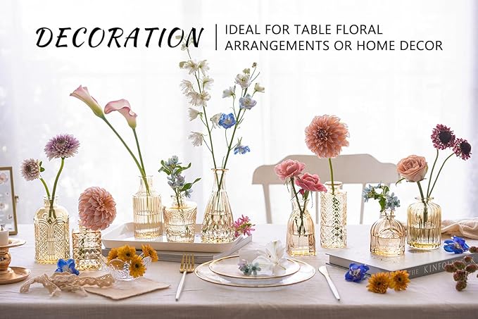 SUPMIND 16Pcs Glass Bud Vase Set, Small Flower Vases in Bulk for Centerpieces, Mini Vintage Amber Vase for Wedding, Home Decor, Table Decoration - Gold Amber