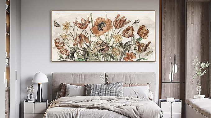 yearainn Rustic Floral Framed Wall Art - Warm Earthy Tones Flowers Canvas Pictures Wall Decor Farmhouse Painting Artwork Elegant Botanical Prints Living Room Home Decor Natural Wood Frame 58" x 29"