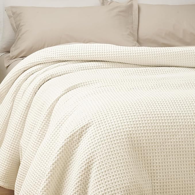 PHF Pre-Washed 100% Cotton Waffle Weave Blanket King Size for Bed,Snag Proof Throw Blanket for Couch Spring Summer Lightweight Breathable,Machine Washable, Home Decor Gift - Cream