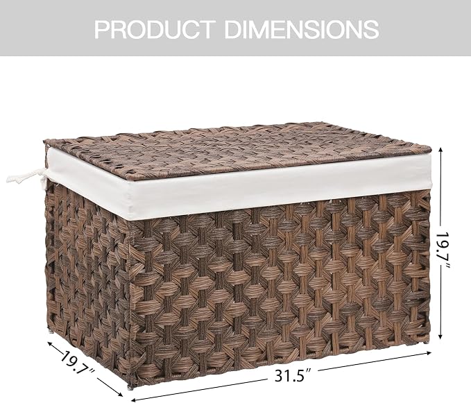 Wicker Storage Basket with Lid, 52.8 Gallon (200L) Large Blanket Basket with Lid, Woven Storage Bin with Handles, Removable Liner, Metal Frame, Foldable, for Bedroom, Laundry Room, Brown