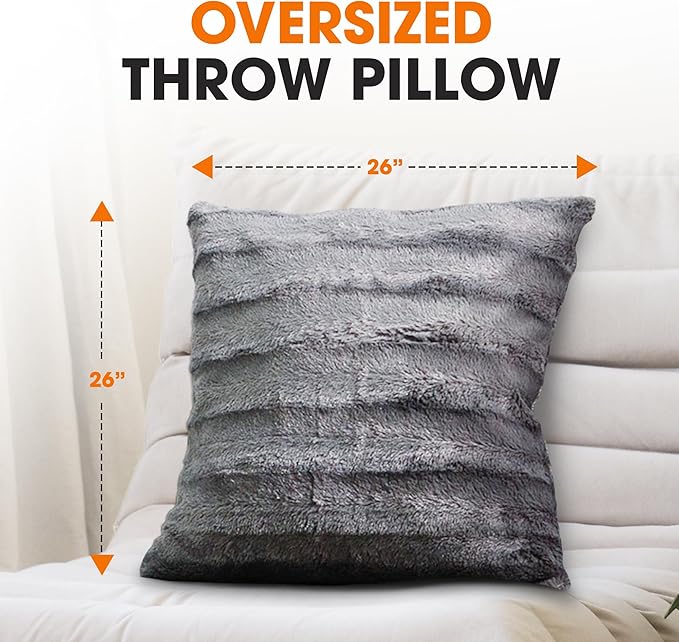 Cheer Collection Faux Fur Throw Pillows - Decorative Pillows for Couch, Bed Throw Pillows, Grey Accent Pillows for Bedroom or Living Room Aesthetic, Set of 2 Furry Throw Pillows, 26" x 26"