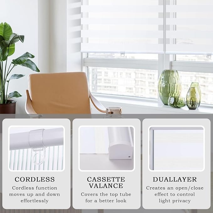 AOSKY Zebra Blinds for Windows Cordless Roller Shades for Home Free-Stop Windows Shades Dual Layer Light Control for Day and Night Easy to Install (47" W X 72" H, White)