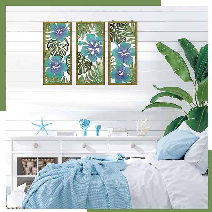 Threehoney 3 Pcs Tropical Wall Decor 3d Wooden Palm Leaf Wall Art Monstera Sculptures Wood Hibiscus Flowers Hanging Decor Vintage Plant Plaque for Home Bathroom 7.09 x 15.75 Inch(Fresh Style)
