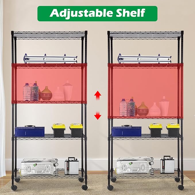 PayLessHere | 5-Tier Wire Shelf with Wheels | 14"x30"x60" | Black | Adjustable Racks | Heavy-Duty Storage Shelves, Holds Upto 220 lbs | Rust-Resistant, No-Tool Assembly | for Home, Garage Shelving