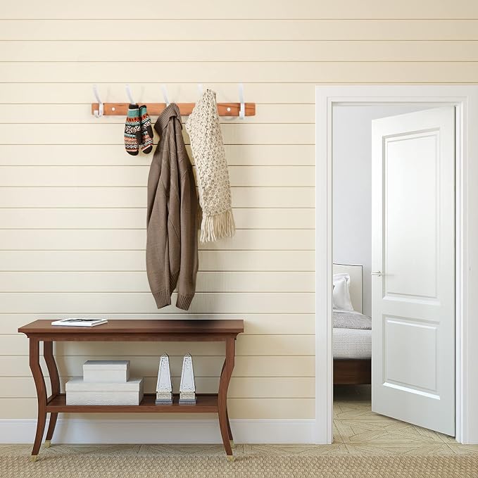 Coat Rack Wall Mounted, Heavy Duty Beech Wood Hook Rack Rail with 5 Double Dual White Metal Wall Hooks for Hanging Coats, 19.7" Long Hanging Coat Hanger for Entryway, Bathroom, Bedroom