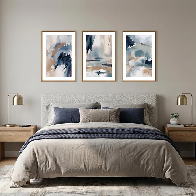 KAIRNE Blue Abstract Neutral Framed Canvas Wall Art Set, Navy Abstract Wall Decor, Watercolor Blue and Brown Wall Painting, Modern Textured Art Prints for Living Room, Bedroom, Office-16 x24 x3