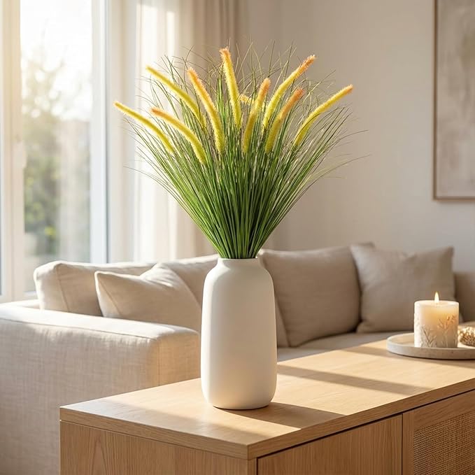 14PCS Artificial Yellow Dog Tail Grass Onion Grass UV Resistant Outdoors Faux Shrubs Ornamental Wheat Grass Cattails Faux Bushes Home Decor for Outdoor Garden