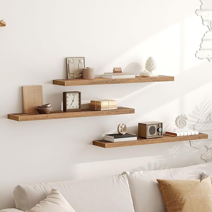 RALGEND Floating Shelves for Wall, 39.4" Long Wall Shelf Set of 3 with Invisible Bracket, 1.5" Thick Hanging Shelves Farmhouse Home Decor for Bathroom, Living Room, Bedroom Rustic Brown 10301BJP3BF