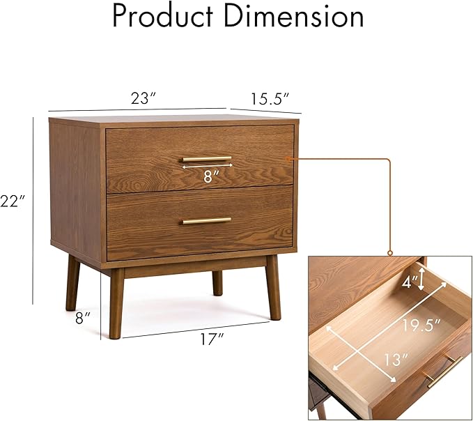 Furniture of America Wyatt Modern Solid Wood Nightstand with Drawers and Round Tapered Legs, Small Bedside Table, Wooden Night Stand for Bedroom, Guest Room, Dorm, Walnut