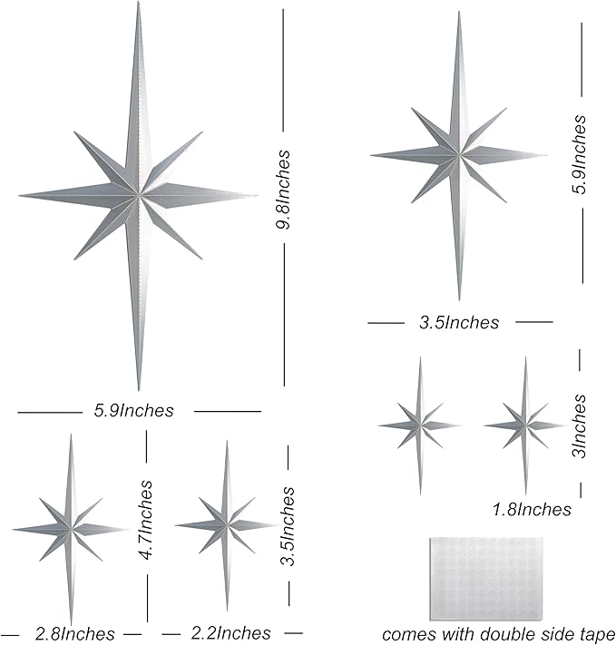 Stylor Mid Century Modern Decor, Mcm Retro 3D Star Art Wall Sculpture, Plastic Starburst Decor, Vintage Celestial Whimsigoth Home Decor Accent. (Set of 6, Silver)
