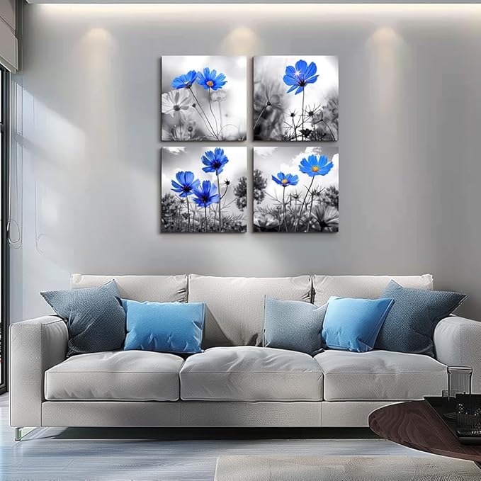 Wall Art For bedroom Black and White cyan blue flower Canvas Wall Decor for Home Decor artwork painting 12" x 12" 4 Pieces Canvas Print For Living Room Decor Modern Salon kitchen Still Life Painting