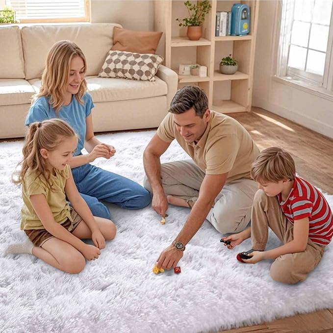 FinRèc White Rugs for Bedroom Living Room, 4x6 Feet Fluffy Shaggy Area Rug, Non-Slip Soft Shag Rug for Nursery Kids Room Dorm Room Home Decor, Indoor Plush Floor Carpet